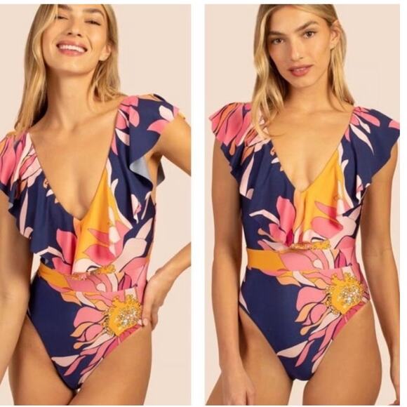 Trina Turk Floral Ruffle One Piece Swimsuit Navy Wire Free Size 14 Resort Vacay - Picture 1 of 9